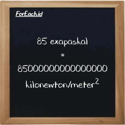 85 exapaskal setara dengan 85000000000000000 kilonewton/meter<sup>2</sup> (85 EPa setara dengan 85000000000000000 kN/m<sup>2</sup>)